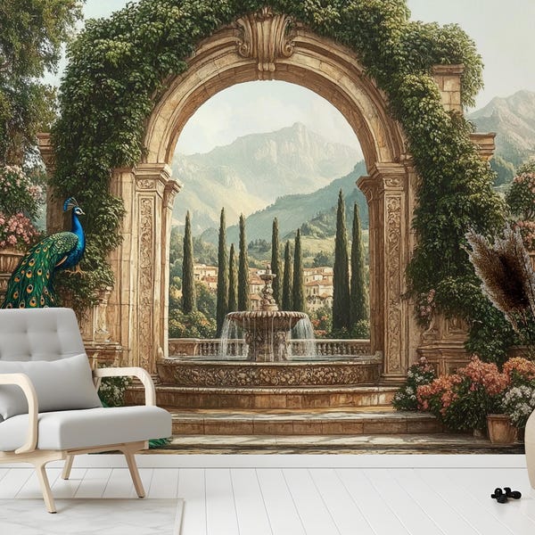 Coastal Wallpaper Mural Mediterranean Wall Paper Peel Stick, Removable Terrace Palm Tree Roman Columns