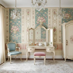 K&ouml;nnte beinhalten: Ein Schlafzimmer im Vintage-Stil mit einem Schminktisch mit dreifachem Spiegel, einem passenden Kleiderschrank und einem blauen Stuhl. Der Raum hat eine florale Tapete und einen gemusterten Teppich. Kronleuchter h&auml;ngen von der Decke und unterstreichen die elegante &Auml;sthetik des Raumes.