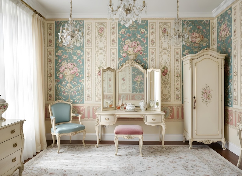 K&ouml;nnte beinhalten: Ein Schlafzimmer im Vintage-Stil mit einem Schminktisch mit dreifachem Spiegel, einem passenden Kleiderschrank und einem blauen Stuhl. Der Raum hat eine florale Tapete und einen gemusterten Teppich. Kronleuchter h&auml;ngen von der Decke und unterstreichen die elegante &Auml;sthetik des Raumes.