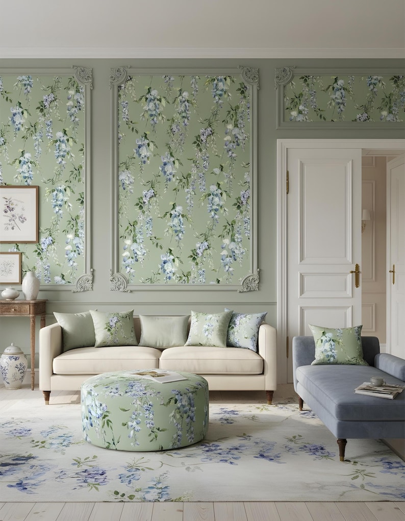 Wisteria Floral Wallpaper Sage Green Wall Mural Watercolor Blossom Peel ...