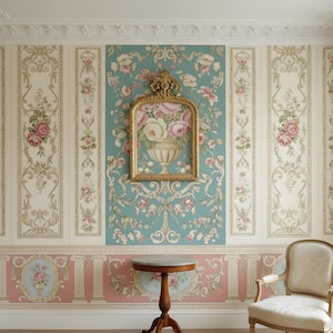 May include: A room with floral wallpaper in cream, teal, and pink. A gold framed picture of flowers hangs on the teal wall. A small round table and a cream colored chair are in the room.