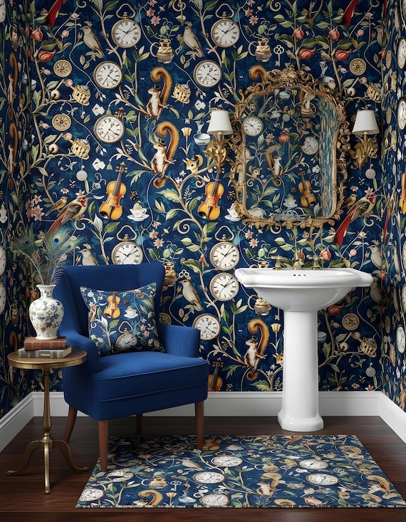 Whimsical Wallpaper Woodland Mural Vintage Navy Blue Forest Peel and Stick Gambling Storybook Animals Wall Mural