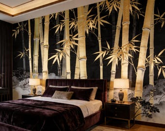 Donker bamboe behang luxe gele Aziatische muurschildering Oosters bos behang Peel Stick verwijderbaar