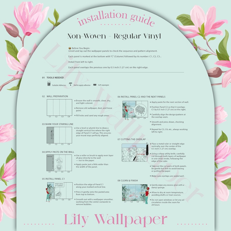 以下が含まれることがあります： Lily Wallpaperの設置ガイド。不織布、レギュラービニール壁紙の手順を説明しています。壁の準備、ペーストの塗布、パネルの設置、重ね合わせのカットの手順が含まれています。テキストは薄いピンクと緑の色合いです。