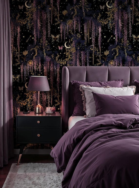 Celestial Wisteria Wallpaper Mural: Dark Purple Floral, Gold Stars & Moon, Peel and Stick or Non-Woven Wall Mural