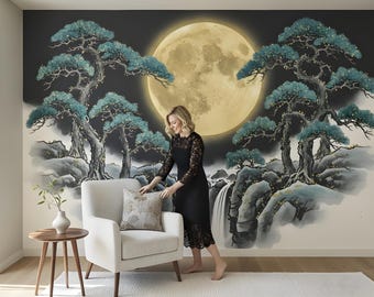 Japanese Night Wallpaper Landscape Moon Wall Paper Blue Zen Mural Peel Stick Removable