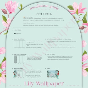 以下が含まれることがあります： Lily Peel & Stick 壁紙の取り付けガイド。壁の準備、開始線のマーキング、最初のパネルの適用、エッジのトリミングなどの手順が含まれています。ガイドには必要なツールも記載されています。1.27cmのオーバーラップ。