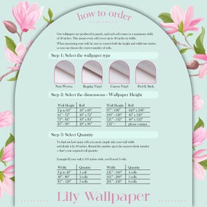 May include: Informational graphic with instructions on how to order wallpaper. The text explains how to measure walls, select wallpaper type, and determine the quantity needed. Includes a chart with dimensions in inches and roll sizes. The Lily Wallpaper logo is at the bottom.