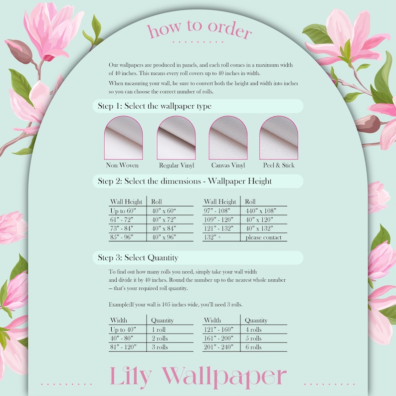 May include: Informational graphic with instructions on how to order wallpaper. The text explains how to measure walls, select wallpaper type, and determine the quantity needed. Includes a chart with dimensions in inches and roll sizes. The Lily Wallpaper logo is at the bottom.