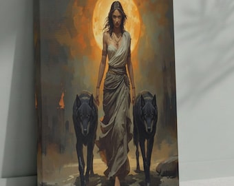 Hecate Goddess Canvas Wall Art, Triple Moon Wolf Gothic Decor, Dark Mythology Fantasy Canvas Print, Witchcraft Home Art