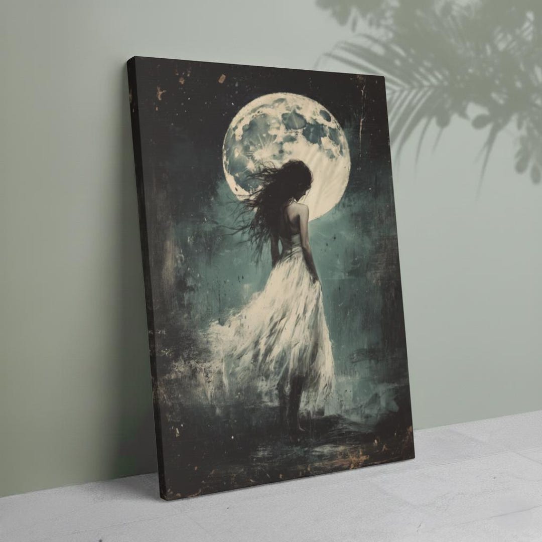 Moon Goddess Wall Art Canvas , Mystical Woman Under Full Moon , Dark ...