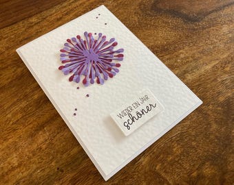 Handmade birthday card "Another year more beautiful", folding card with envelope, flower, purple/white