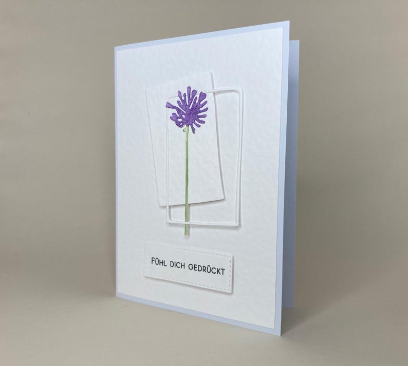 Handmade greeting card "Sending hugs", folded card with envelope, flower, white/purple image 5