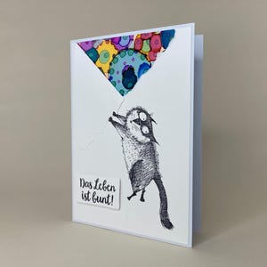 Handmade greeting card "Life is colorful", folding card with envelope, cat, white/colorful image 5