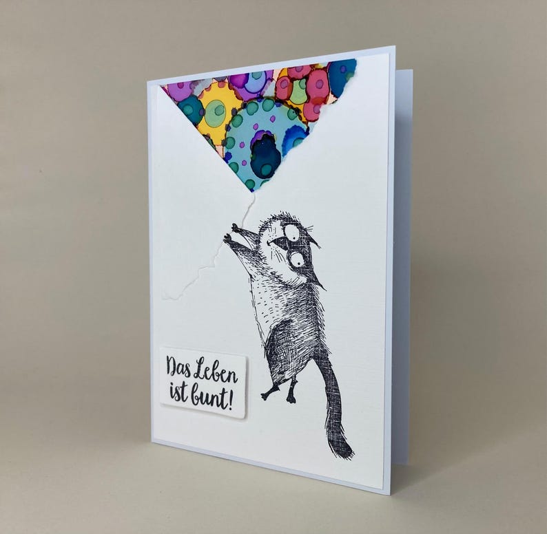 Handmade greeting card "Life is colorful", folding card with envelope, cat, white/colorful image 5