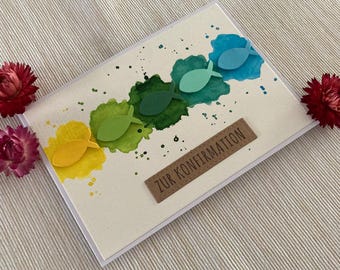 Konfirmationskarte Aquarell, handgemachte Karte zur Konfirmation, Klappkarte mit Umschlag, grün-blau