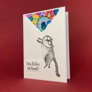 Handmade greeting card "Life is colorful", folding card with envelope, cat, white/colorful image 2