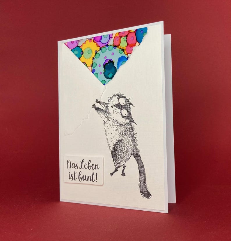 Handmade greeting card "Life is colorful", folding card with envelope, cat, white/colorful image 2