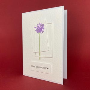 Handmade greeting card "Sending hugs", folded card with envelope, flower, white/purple image 2