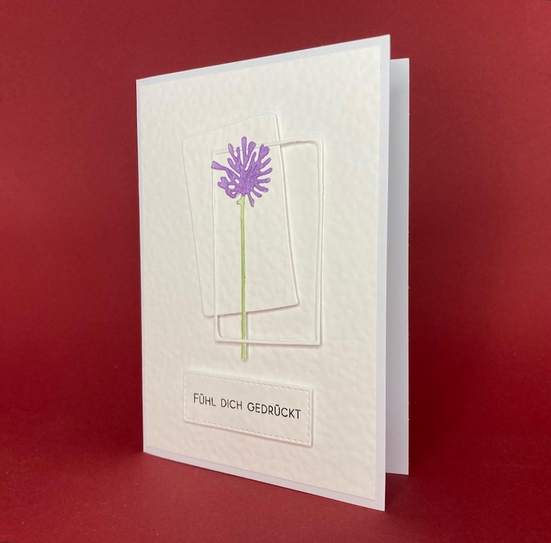 Handmade greeting card "Sending hugs", folded card with envelope, flower, white/purple image 2