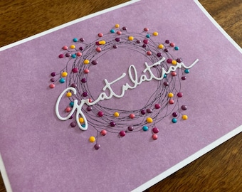 Handmade greeting card "Congratulations", folding card with envelope, colorful berry wreath, purple