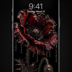 May include: A smartphone screen displays a dark floral design with the text "Poison Garden" and "Black Bloom Collection." The image features a red flower with dripping accents, the time 9:41, and the date Tuesday, March 12. The words "Dark. Beautiful. Deadly." are at the bottom.