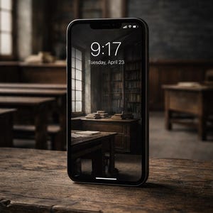 May include: A smartphone displays a vintage library scene with a desk, books, and a window. The time on the screen reads 9:17 AM, Tuesday, April 23. The phone rests on a weathered wooden surface.