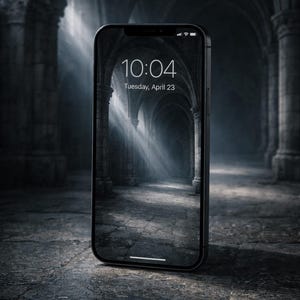 May include: A black smartphone shows a gothic archway scene with sunlight. The screen displays the time as 10:04, Tuesday, April 23. The phone rests on a dark, textured surface.