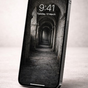 May include: Black smartphone showing a grayscale image of a stone arched hallway. The screen displays the time 9:41 and the date Tuesday, 12 March. The phone is angled, highlighting its sleek design.