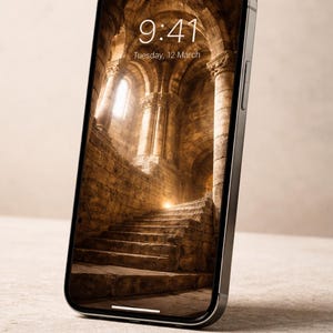 May include: A silver smartphone shows a detailed image of a stone staircase leading into a sunlit arched hallway. The time 9:41 and the date Tuesday, 12 March are visible on the screen. The phone rests on a textured surface.