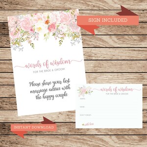 Words of Wisdom for Bride & Groom Instant Download, Wedding Guest Book Alternative, Bridal Shower, Wedding Advice, Bridal Shower Game