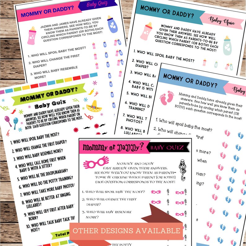 May include: A printable baby shower game with a pink and blue color scheme. The game is called "Mommy or Daddy?" and asks guests to guess which parent will do certain things, such as spoil the baby the most or change the first diaper. The game includes a variety of cute illustrations, including a baby bottle, a diaper, and a baby foot.