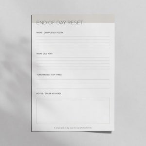 Planner voor dagelijkse reset | Einde werkdag resetten | Minimale afdrukbare pdf