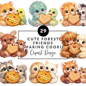 Puede incluir: Una colección de lindos amigos del bosque compartiendo galletas en forma de corazón. La imagen presenta varios animales, incluyendo un hámster, un loro, un dinosaurio, un león, una cebra, un alce, una nutria, un mapache, una ardilla, un búho, un gato, un panda rojo y una ardilla listada. Texto: "Cute Forest Friends Sharing Cookie Clipart Design."