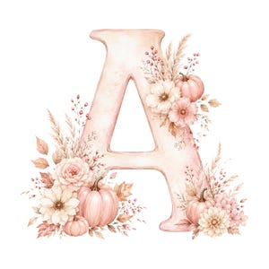 May include: A large, pale pink letter A decorated with watercolor illustrations of soft pink pumpkins, cream-colored flowers, dried grasses, and small berry sprigs. The floral arrangement is clustered around the base and the upper right side.
