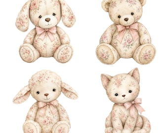 May include: A set of four stuffed animal illustrations featuring a dog, a bear, a lamb, and a cat. Each creature is rendered in a cream-colored fabric with a delicate pink floral pattern and includes a soft pink ribbon tied around its neck.