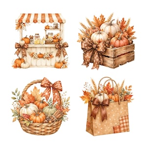 Op de afbeelding: Een verzameling van vier aquarelillustraties met herfstthema's: een pompoenmarktstal, een houten kist gevuld met pompoenen en tarwe, een gevlochten mand met pompoenen en bladeren, en een cadeauzakje versierd met pompoenen en tarwe.