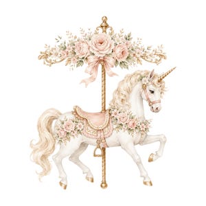 May include: A white carousel unicorn with a gold horn, featuring a pink saddle and floral decorations. The unicorn is attached to a gold pole topped with a canopy of pink roses, green leaves, and a pink ribbon bow, all set against a white background.