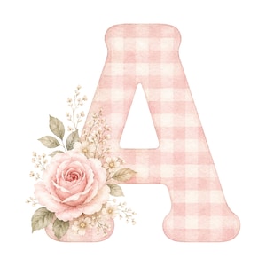 May include: A capital letter A featuring a soft pink and white gingham check pattern. The left side of the letter is decorated with a cluster of watercolor-style illustrations including a large pale pink rose, small white flowers, and green leaves.