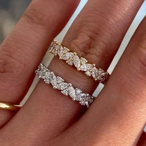 Marquise & Round Diamond Wedding Band | Lab Grown Diamond or Moissanite Ring | Half Eternity Stacking Ring | 14K Solid Gold Bridal Band
