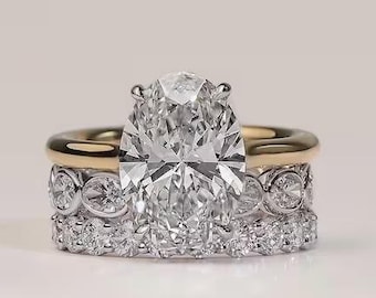 3.50 CT Oval Cut Lab Grown Bridal Ring Set | Moissanite Diamond Engagement Ring Set | 14K Solid Gold Wedding Band Set | Hidden Halo Ring |