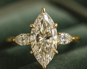 Anello di fidanzamento con moissanite a tre pietre taglio marquise da 2,5 ct, anello trilogy con diamanti taglio marquise coltivati in laboratorio, anello per anniversario di matrimonio in oro massiccio 14 carati