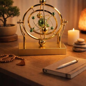 May include: A gold-colored kinetic sculpture with a spherical design, featuring green and gold spheres within concentric rings. The sculpture sits on a gold base. A candle, stones, and a notebook are also on the wooden surface.