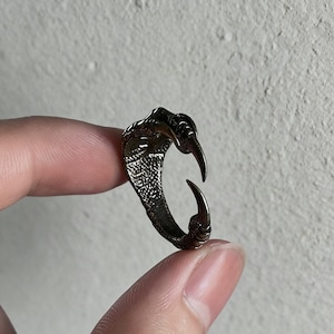 Op de afbeelding: Een donkerzilveren ring in de vorm van een vogelklauw. De ring heeft gedetailleerde texturen en scherpe klauwen, waardoor het een gedurfd en uniek accessoire is. Het klauwontwerp is een opvallend sieraad.