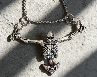 Collar gótico de esqueleto colgante / Tono plateado vintage, joyería de terror punk