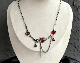 Gothic Red Stone Necklace | Dark and Bloody Chain Statement Necklace | Gothic Jewelry | Vampire Style Necklace | Alternative Gift