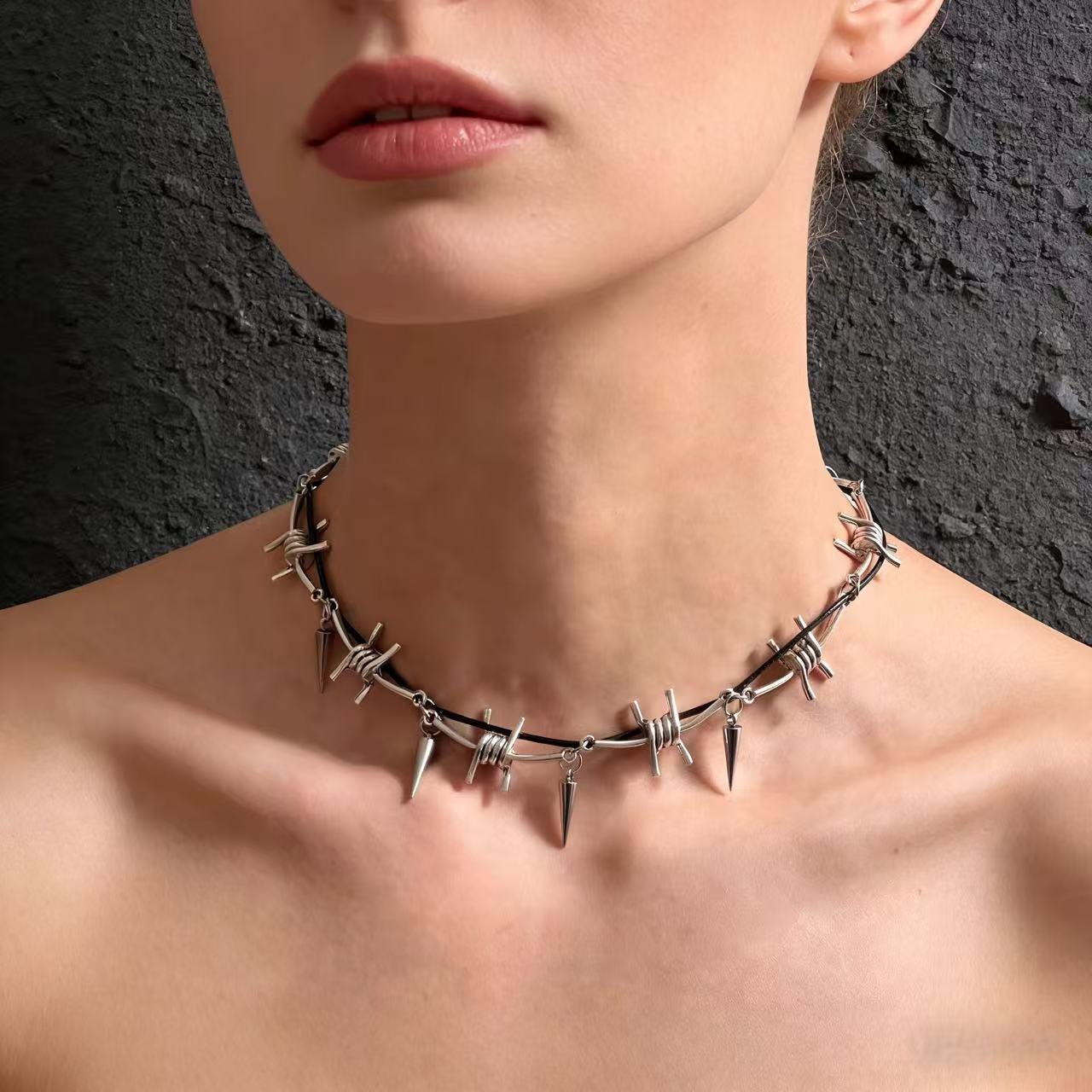 Y2K Gothic Spike Choker Necklace, Barbed Wire Punk Collar, Leather 