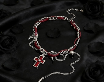 Rotes Kreuz Gothic Choker Halskette, Leder & Kette Punk Choker, Y2K Dark Aesthetic Halskette, Handgemachtes Statement Halsband