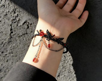 Gothic Raven Bracelet • Crow Rose Cuff Bangle • Love & Friendship Symbol Jewelry • Witchy Dark Forest Bracelet•Adjustable Open Gothic Bangle