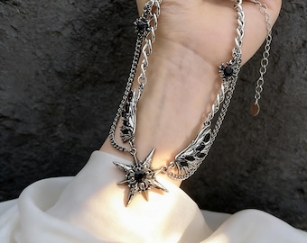 Gothic Star Wing Necklace Choker, Dark Angel Necklace with Black Crystal, Unisex Gothic Statement Necklace, Alternative Vampire Jewelry